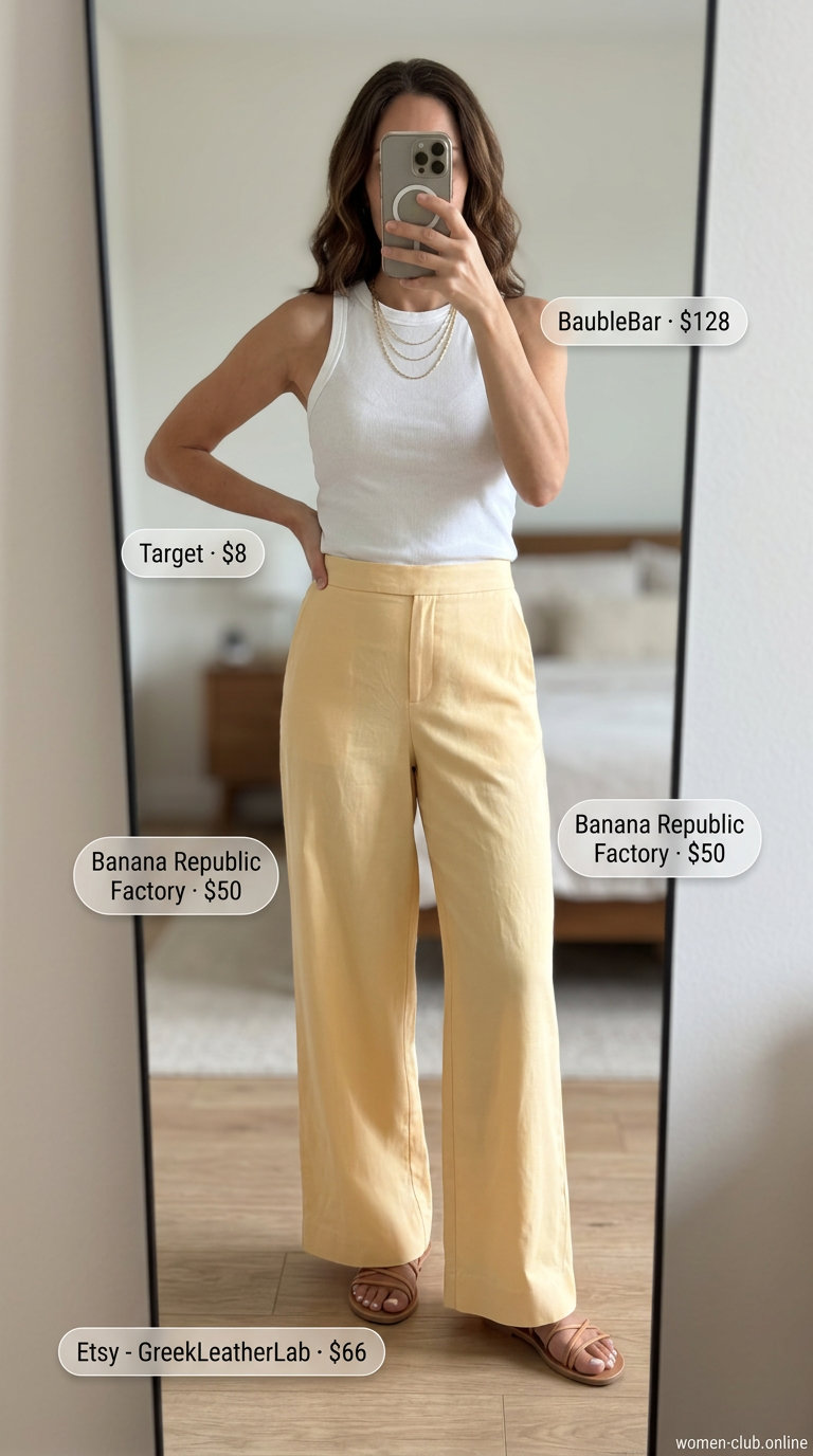 Butter yellow linen pants with white tank top and tan sandals for casual day out.
