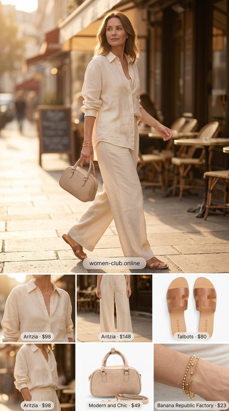 Blush pink linen shorts set with cream shirt and leather slides for weekend brunch.