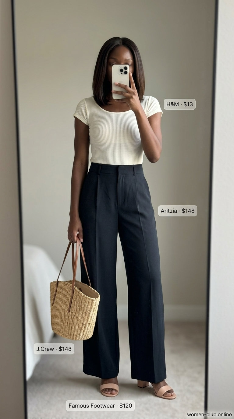 Sage green midi skirt outfit with cream knit top and block heel sandals for summer events.