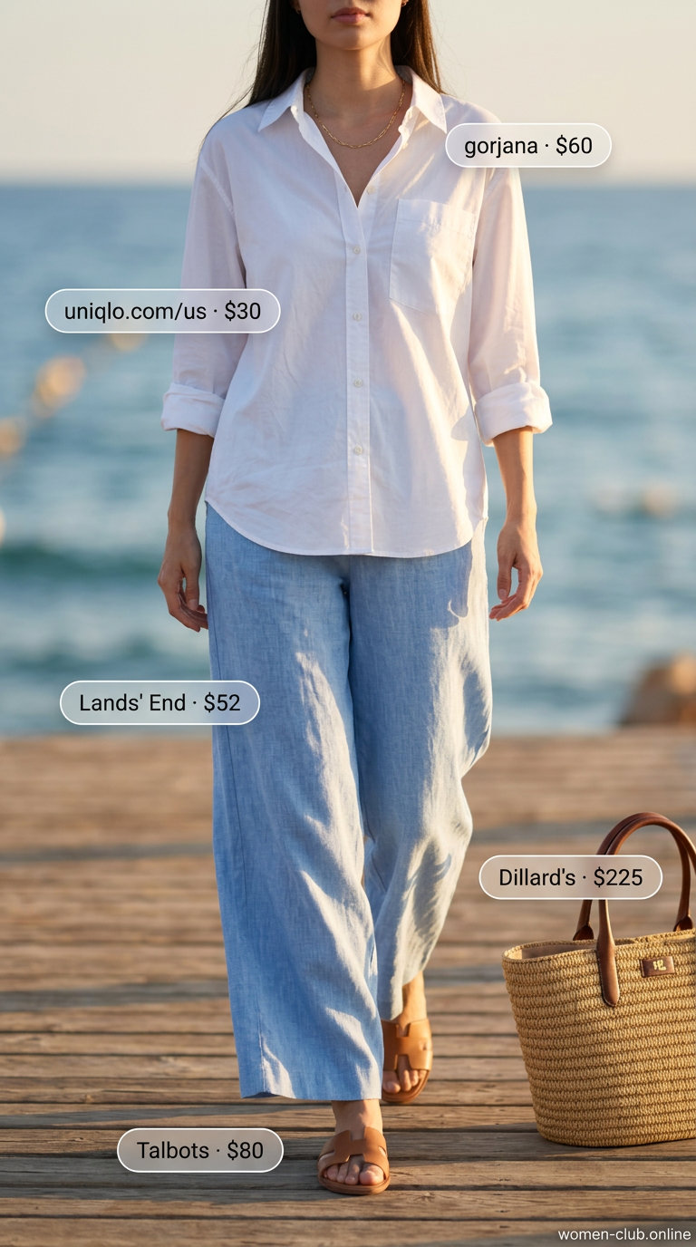 Ocean blue high waist summer pants for women 2026 paired with an oversized white shirt and leather slides for a beach day.