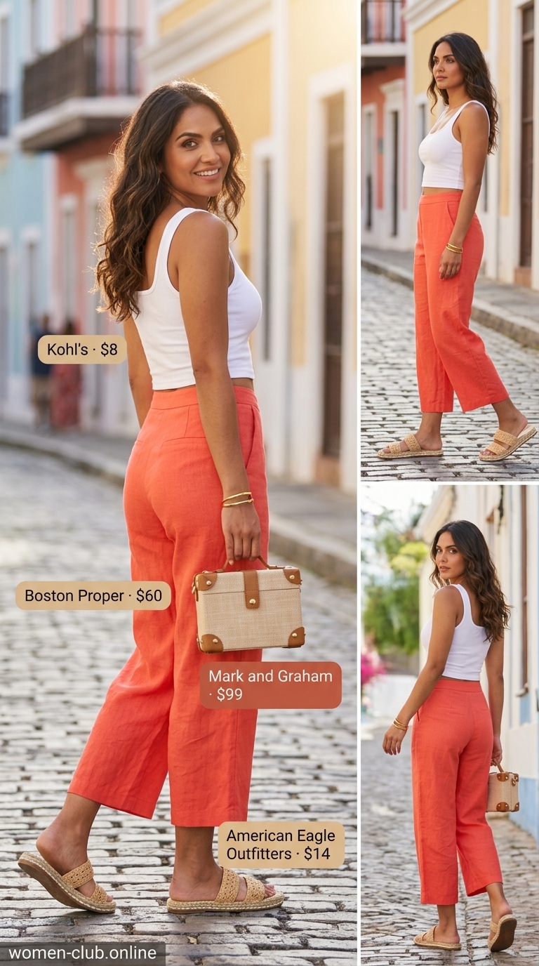 Coral high waist summer pants for women 2026 styled as culottes with a white tank and raffia accessories for a summer party.