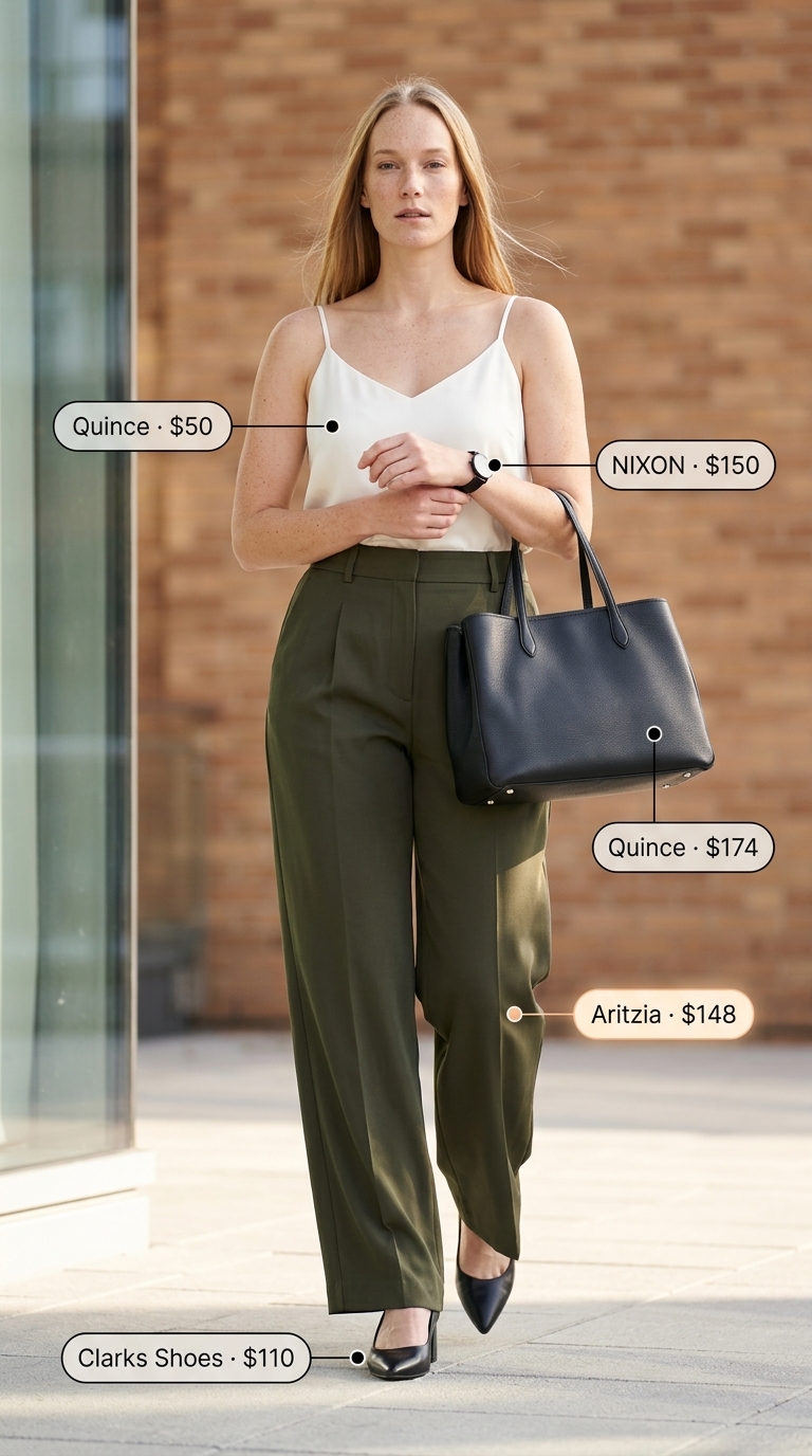 Olive green high waist tailored pants for women 2026 styled with a cream silk blouse and black block heels.