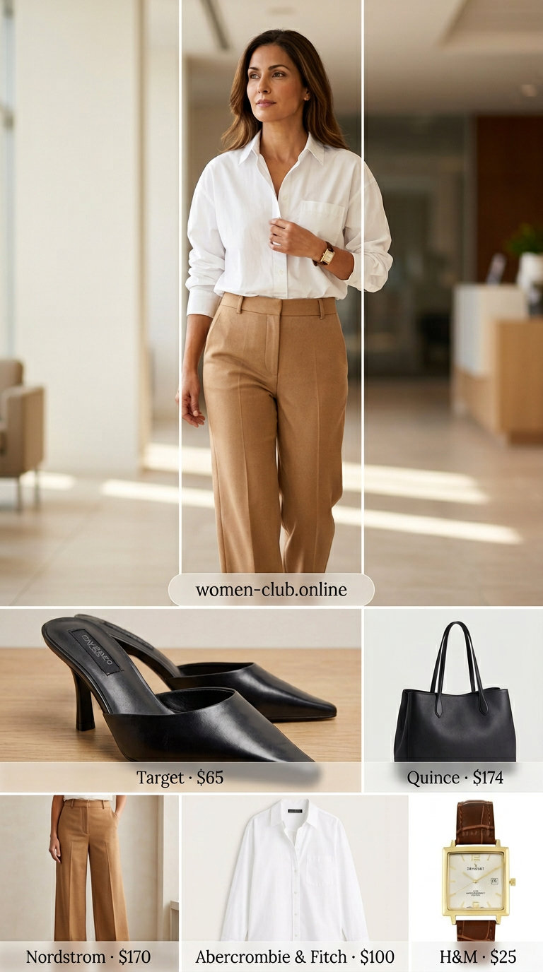 Camel tailored trousers with white shirt and black mules for business casual.
