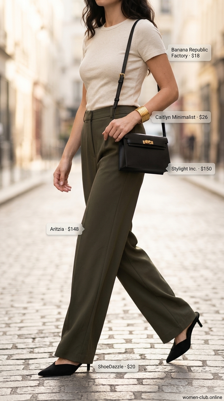 Olive green high waist tailored pants for women 2026 styled with a cream knit top and black accessories.