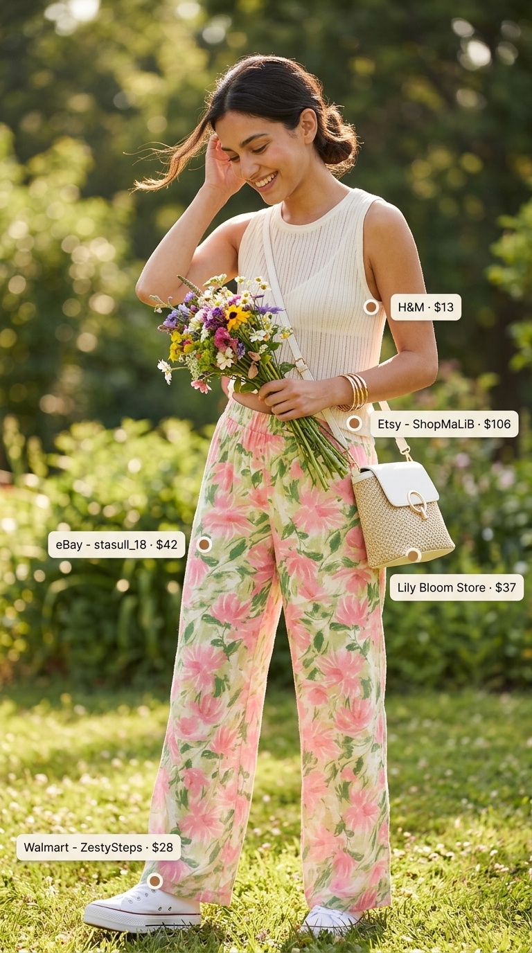 Floral high waist summer pants for women 2026 styled with a cream tank and sneakers for weekend brunch.