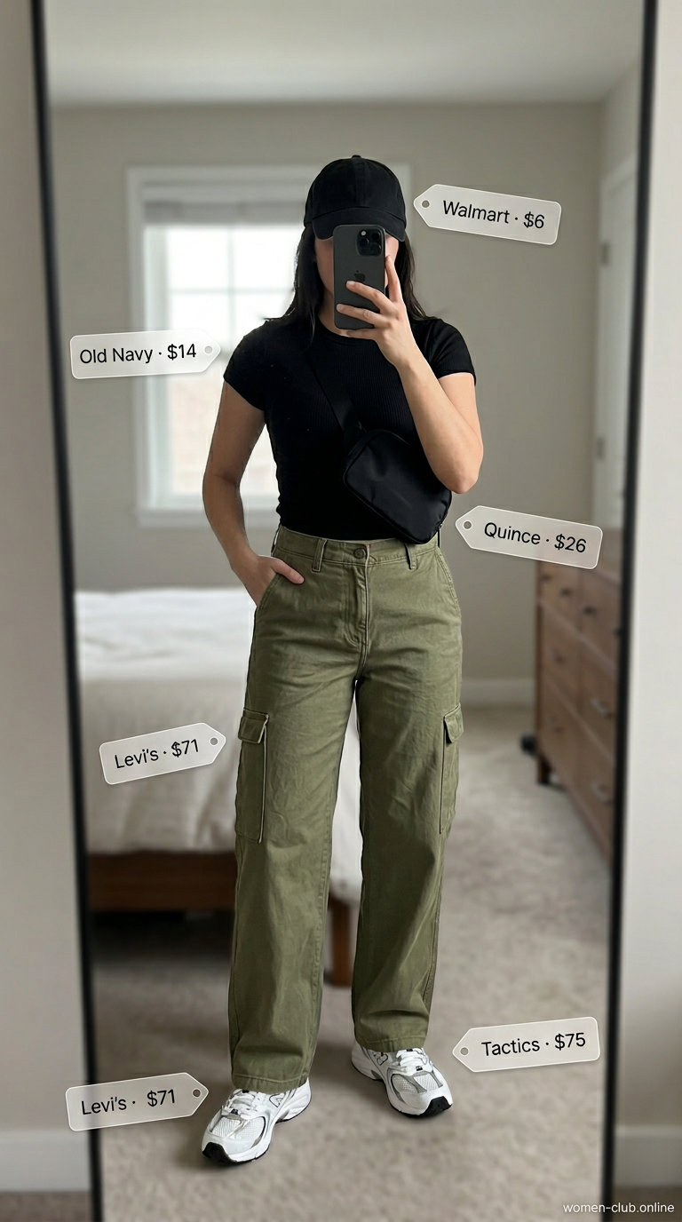 Olive green high waist summer pants for women 2026 styled with a black tee, baseball cap, and sneakers for casual errands.