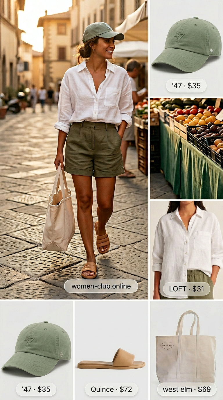 Italian Coastal Summer Outfits 2026: Relaxed Capri Market Day Italian coastal summer outfits for women 2026: Olive green linen shorts, white linen shirt, tan slides for market day.