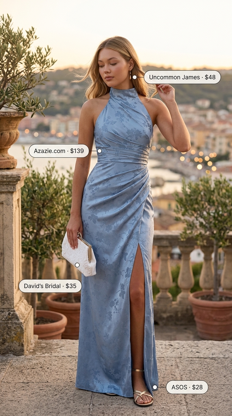 Italian Coastal Summer Outfits 2026: Elegant Coastal Evening Glow Italian coastal summer outfits for women 2026: Muted blue maxi dress, gold sandals, beaded clutch for an elegant evening event.