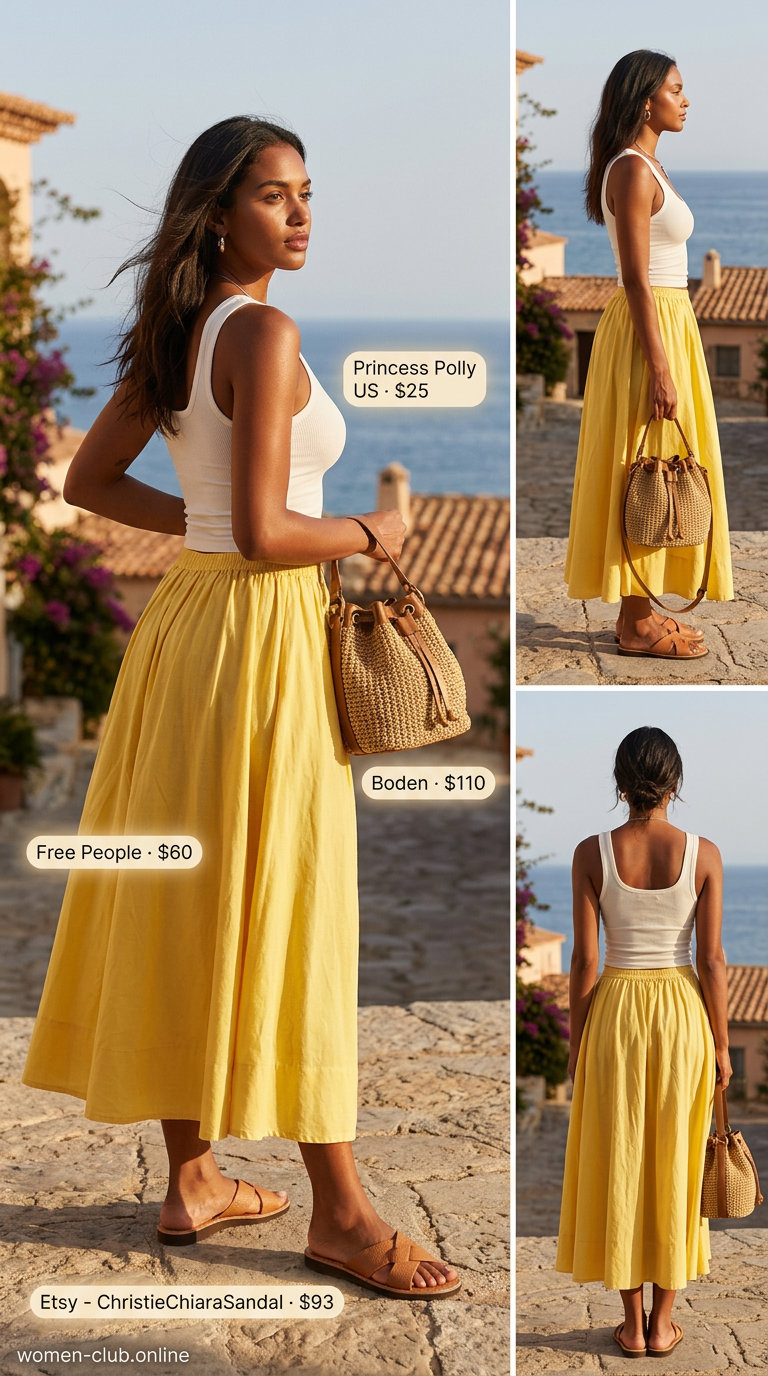 Italian Coastal Summer Outfits 2026: Cheerful Lemon Grove Style Italian coastal summer outfits for women 2026: Bright lemon yellow midi skirt, white tank, tan slides for a sunny brunch.