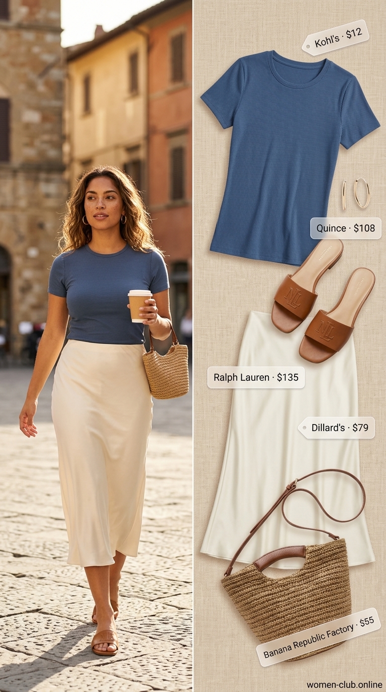 Italian Coastal Summer Outfits 2026: Chic Piazza Promenade Style Italian coastal summer outfits for women 2026: Ivory satin midi skirt, denim knit top, tan slides for a chic piazza promenade.