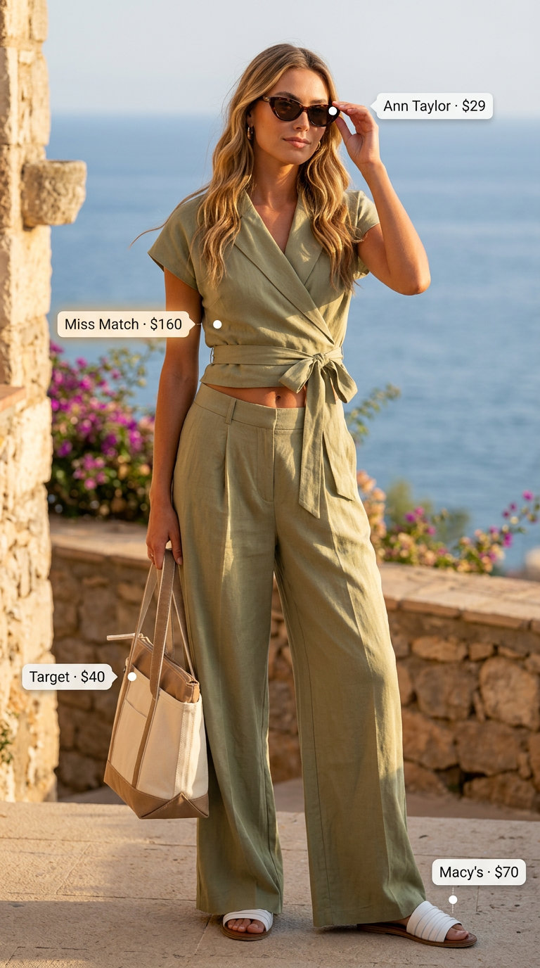 Italian Coastal Summer Outfits 2026: Relaxed Positano Linen Set Italian coastal summer outfits for women 2026: Olive green linen set, white slides, oversized sunglasses for beach club.