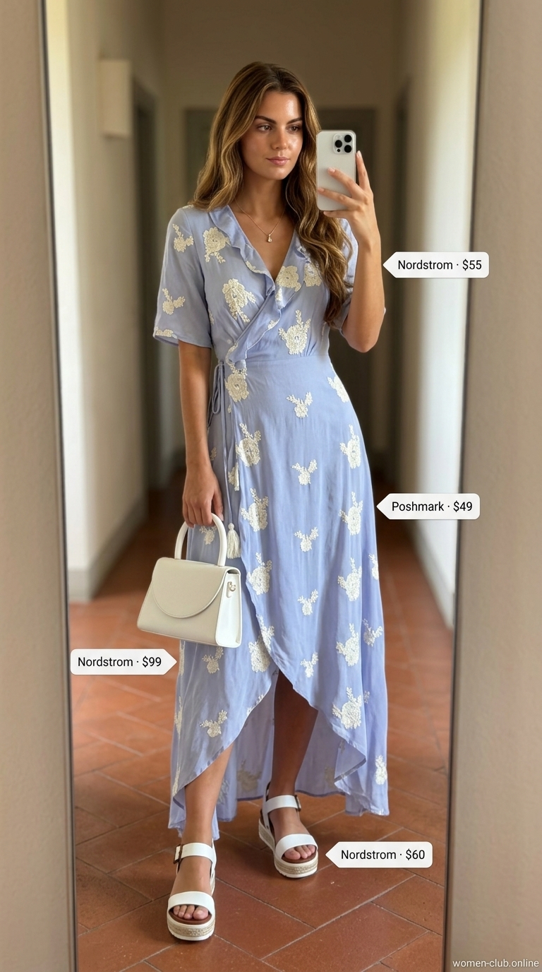 Italian Coastal Summer Outfits 2026: Elegant Ravello Garden Party Italian coastal summer outfits for women 2026: Pale blue floral midi dress, espadrilles, top-handle bag for a garden party.