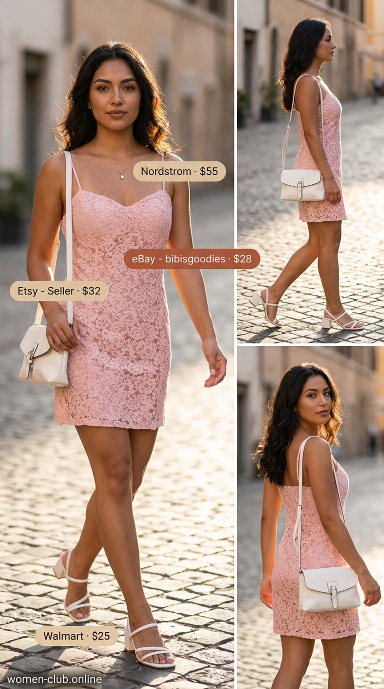 Italian Coastal Summer Outfits 2026: Romantic Riviera Style Italian coastal summer outfits for women 2026: Blush pink mini dress, white block heels, gold necklace for a daytime date.