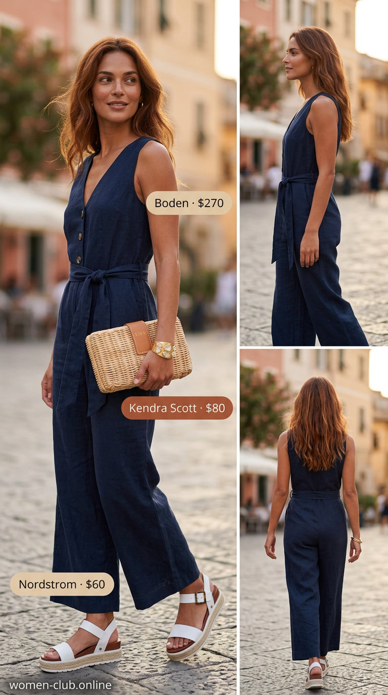 Italian Coastal Summer Outfits 2026: Polished Seaside Dinner Italian coastal summer outfits for women 2026: Navy linen jumpsuit, espadrilles, straw clutch for seaside dinner.