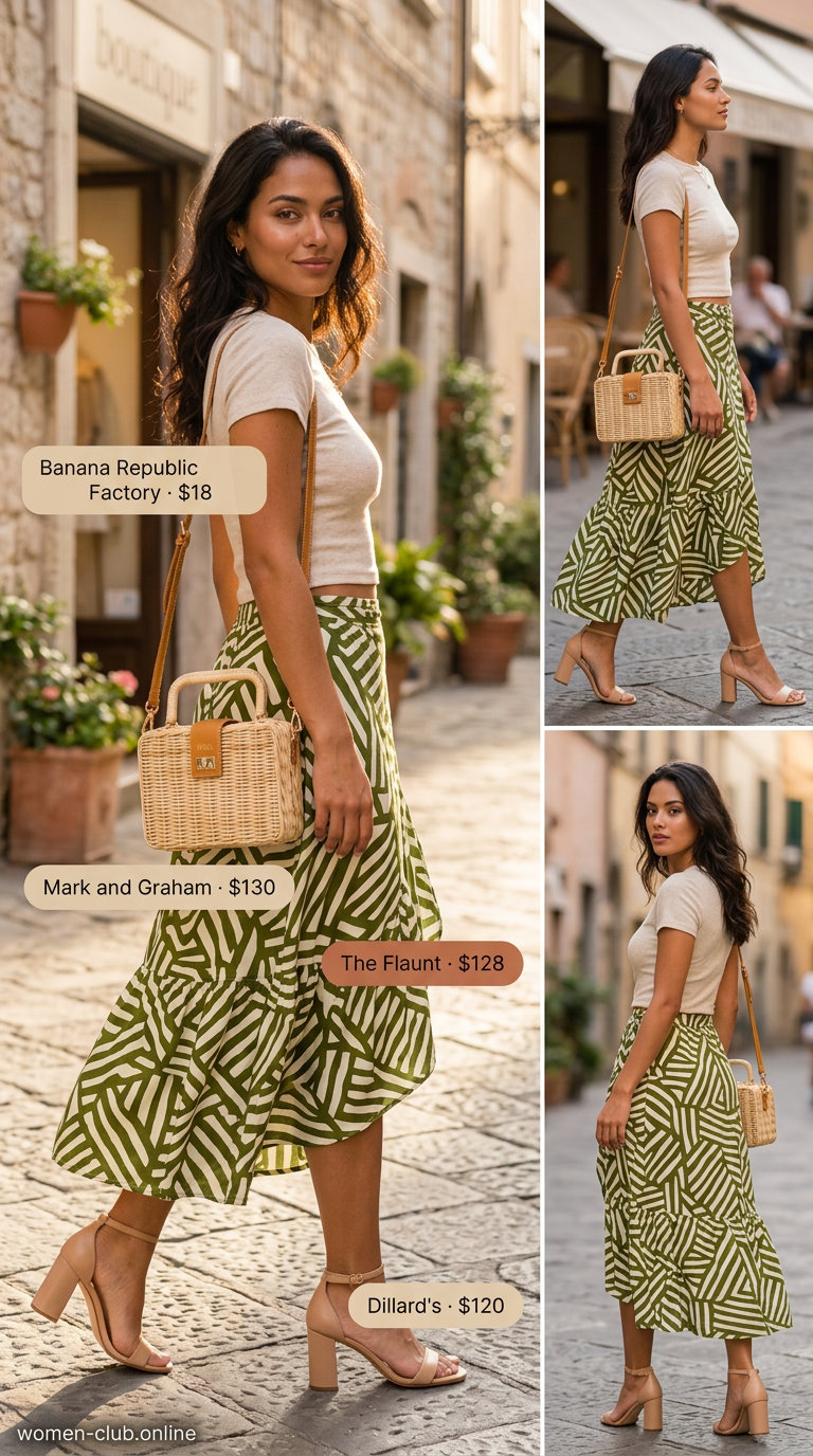 Italian Coastal Summer Outfits 2026: Terrace Aperitivo Style Italian coastal summer outfits for women 2026: Olive green flowy skirt, cream knit top, tan sandals for aperitivo hour.