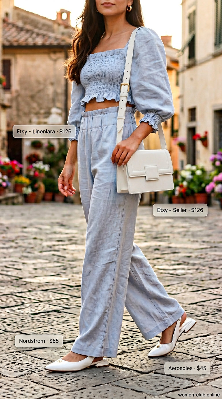 Italian Coastal Summer Outfits 2026: Blue Linen Set Powder blue linen matching set for sophisticated Italian coastal summer outfits for women 2026. Styled with white flats and gold earrings.