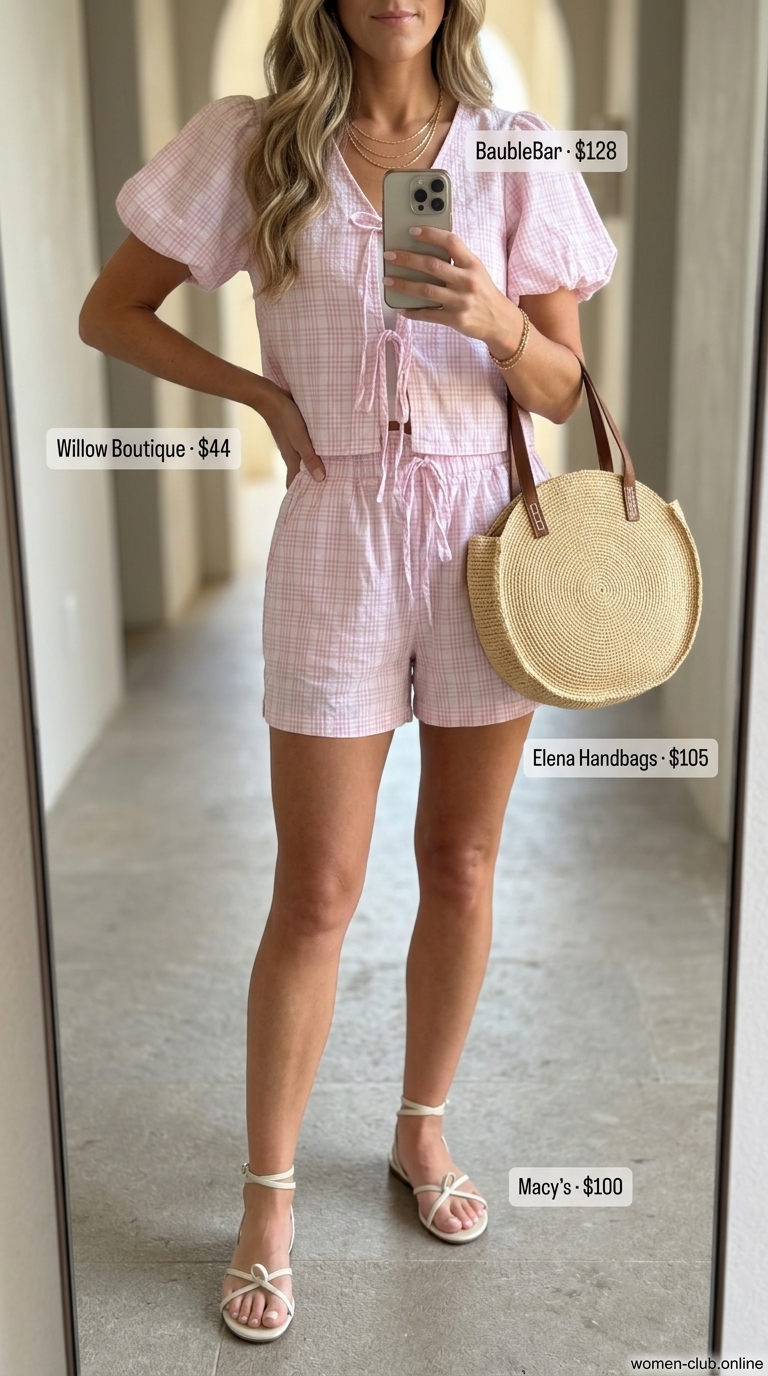 Italian Coastal Summer Outfits 2026: Coral Linen Set Coral pink linen matching set with puff sleeves and shorts, perfect for Italian coastal summer outfits for women 2026. Styled with white sandals and gold jewelry.
