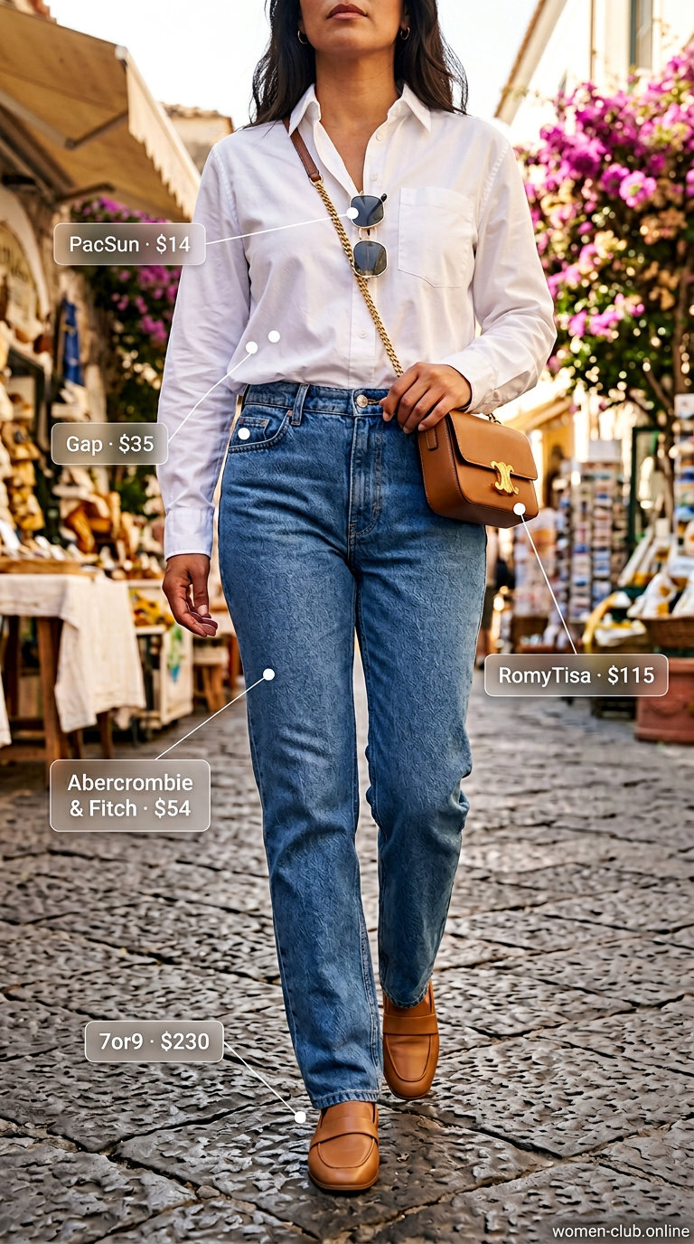 Italian Coastal Summer Outfits 2026: Denim Jeans Denim jeans and white shirt for classic Italian coastal summer outfits for women 2026. Styled with loafers and gold sunglasses.
