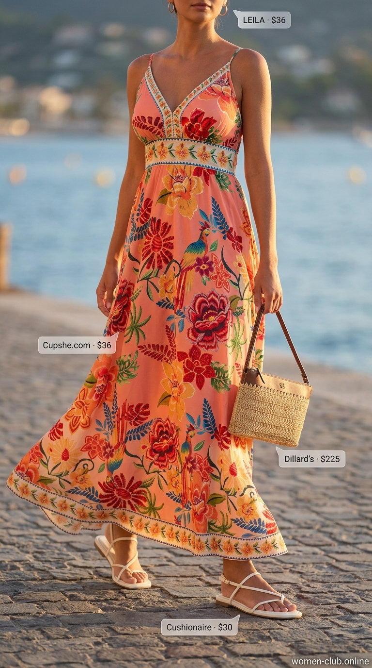 Italian Coastal Summer Outfits 2026: Floral Maxi Coral and teal floral maxi dress for romantic Italian coastal summer outfits for women 2026. Styled with white sandals and straw clutch.