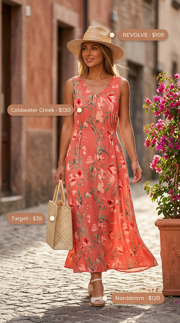 Italian Coastal Summer Outfits 2026: Floral Maxi Coral floral maxi dress for Italian coastal summer outfits for women 2026. Styled with espadrilles, straw hat, and woven tote.