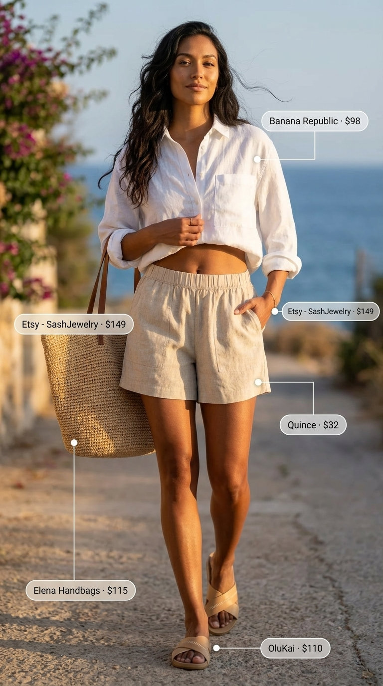 Italian Coastal Summer Outfits 2026: Linen Shorts White linen shorts and oversized shirt for relaxed Italian coastal summer outfits for women 2026. Styled with flat sandals and straw tote.