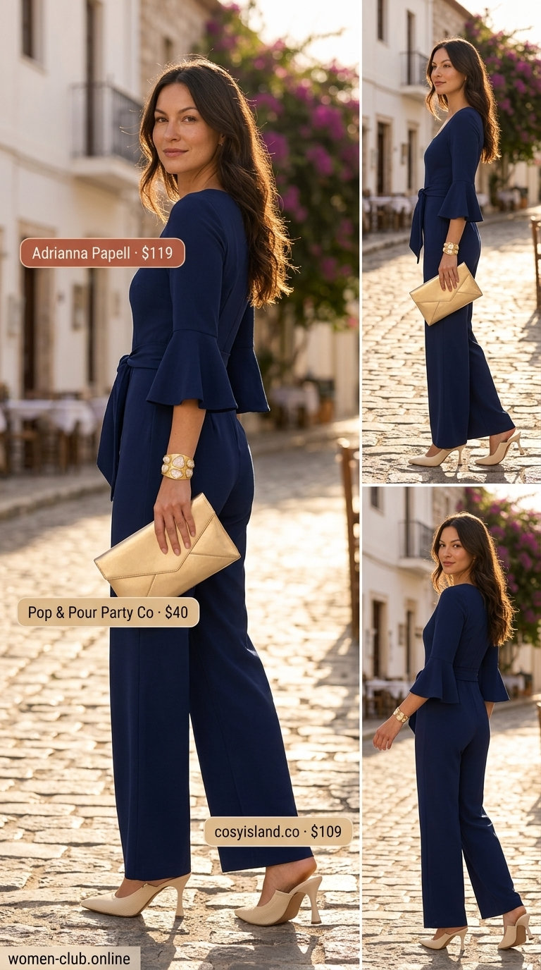 Italian Coastal Summer Outfits 2026: Navy Jumpsuit Navy wide-leg jumpsuit for elegant Italian coastal summer outfits for women 2026. Paired with cream mules and gold clutch.