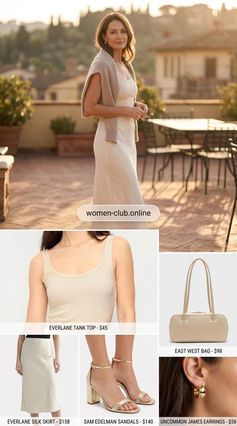 Italian Coastal Summer Outfits 2026: Terracotta Skirt Terracotta satin slip skirt for chic Italian coastal summer outfits for women 2026. Paired with cream tank and gold hoops.