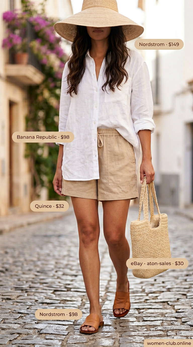Linen Shorts Set 2026: Seaside Casual White linen shirt and beige linen shorts for Italian coastal summer outfits for women 2026. Relaxed beach day look.