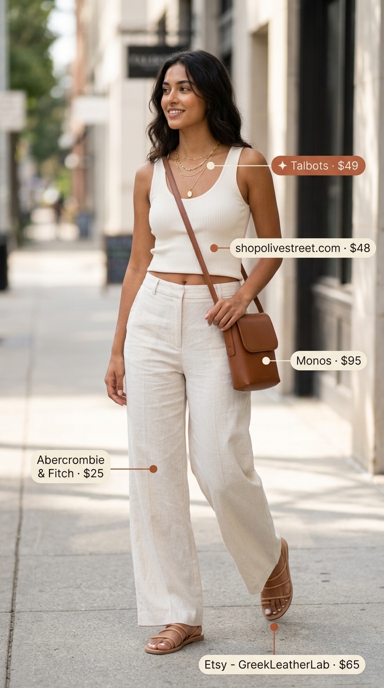 LA minimalist summer outfits for women 2026: Cream linen pants, white tank, leather sandals, gold necklaces.