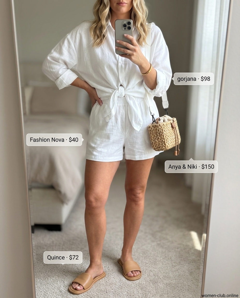 LA minimalist summer outfits for women 2026: White linen shorts set, tan slides, straw tote, gold cuff.