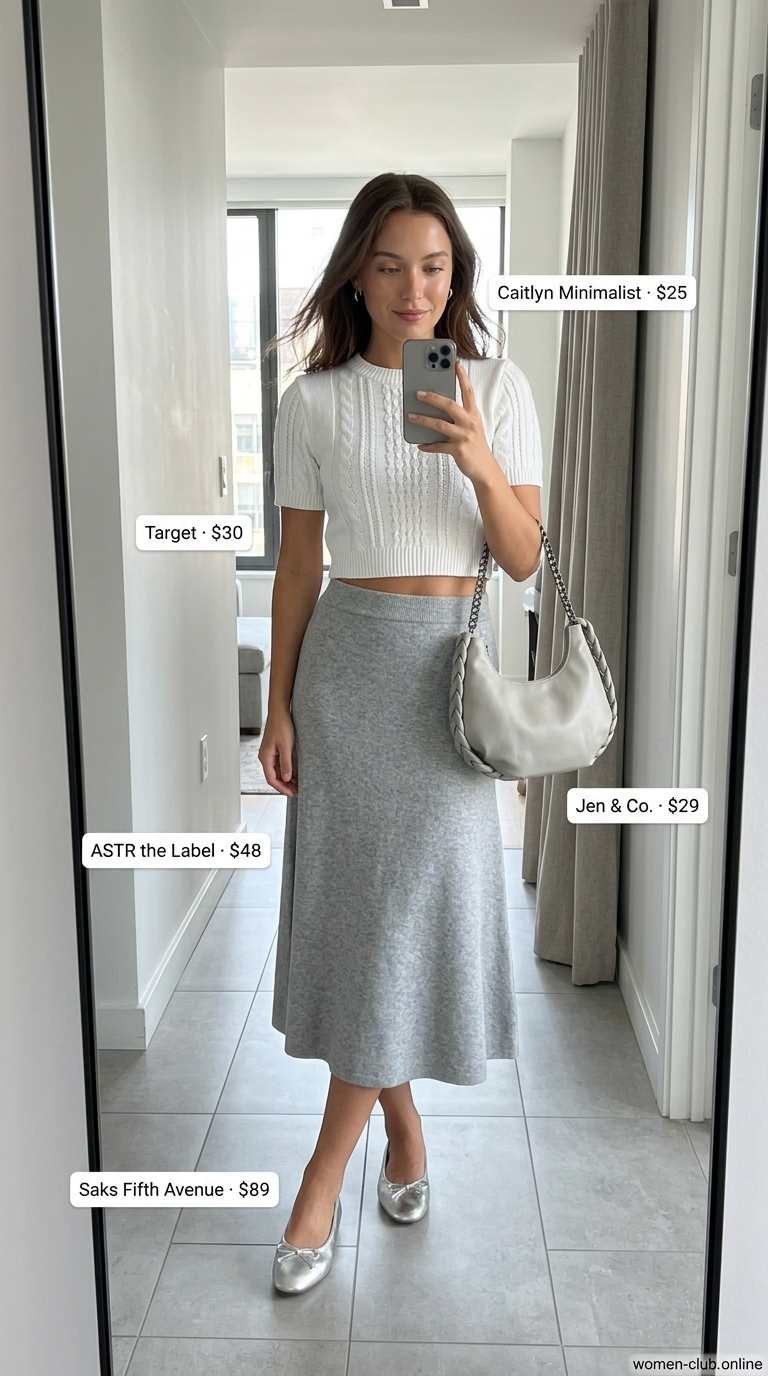 LA minimalist summer outfits for women 2026: Light grey midi skirt, white sweater, silver flats, chain bag.