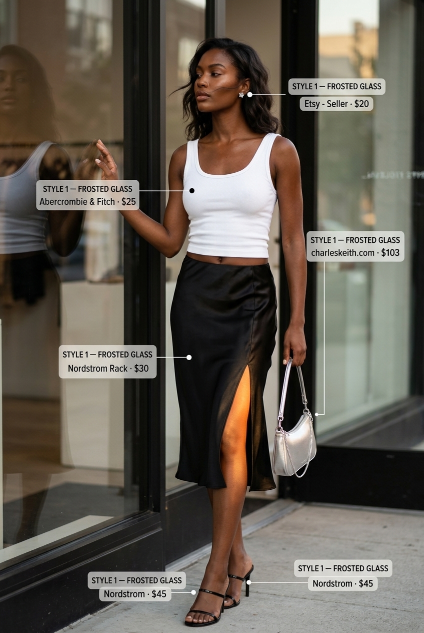 LA minimalist summer outfits for women 2026: Black midi skirt, white knit tank, heeled sandals, silver bag.