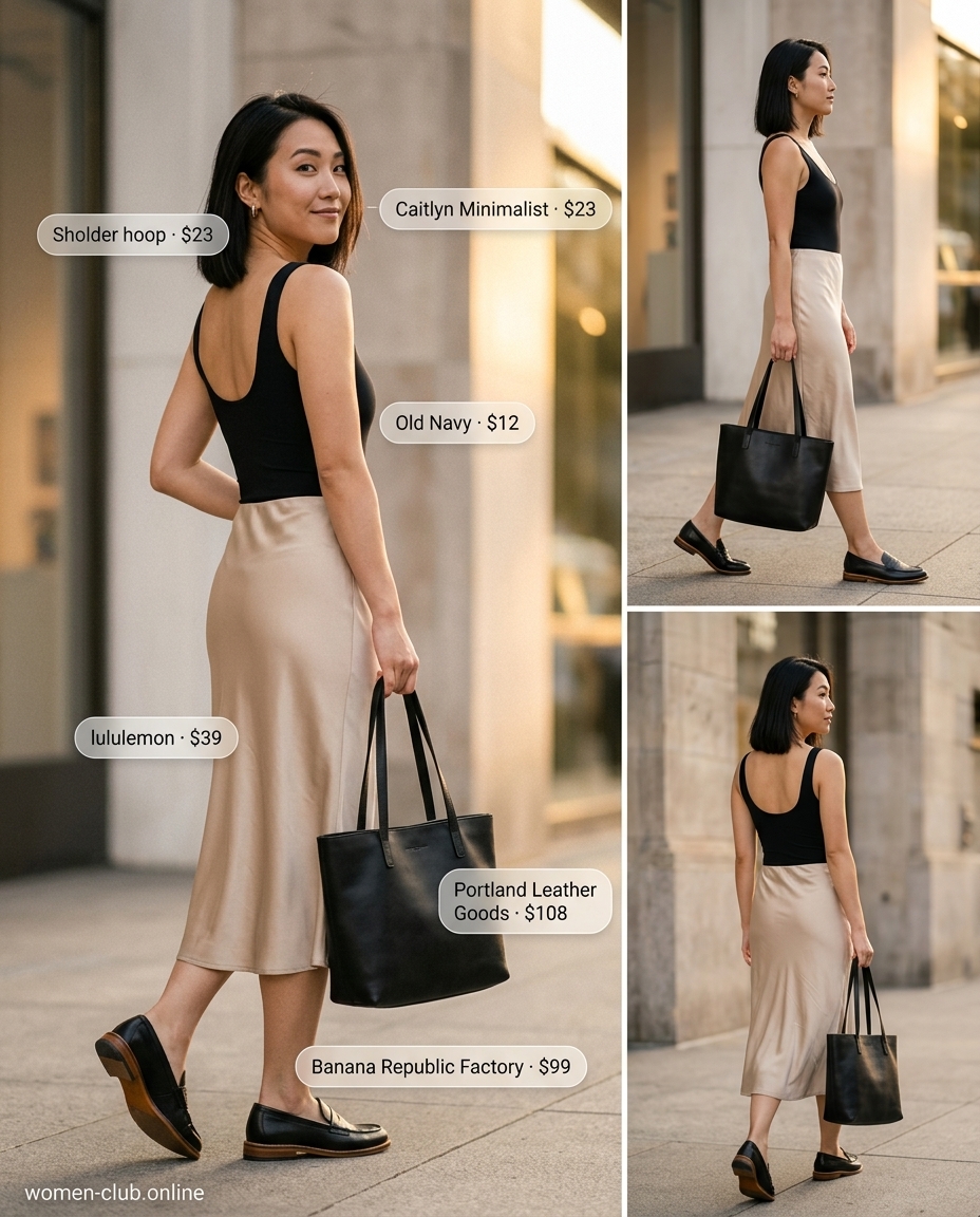 LA minimalist summer outfits for women 2026: Beige midi skirt, black bodysuit, loafers, tote bag, gold hoops.