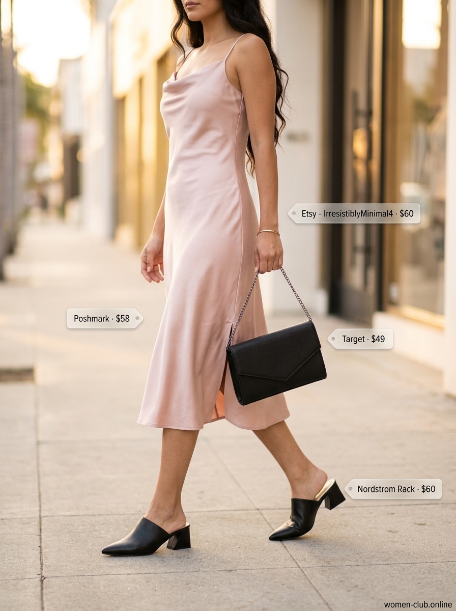 LA minimalist summer outfits for women 2026: Blush pink slip dress, black mules, gold bangle, black clutch.