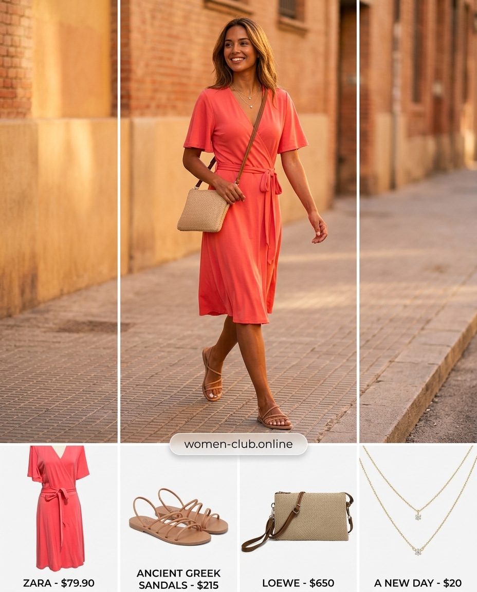 LA minimalist summer outfits for women 2026: Coral wrap dress, tan sandals, straw bag, gold necklaces.