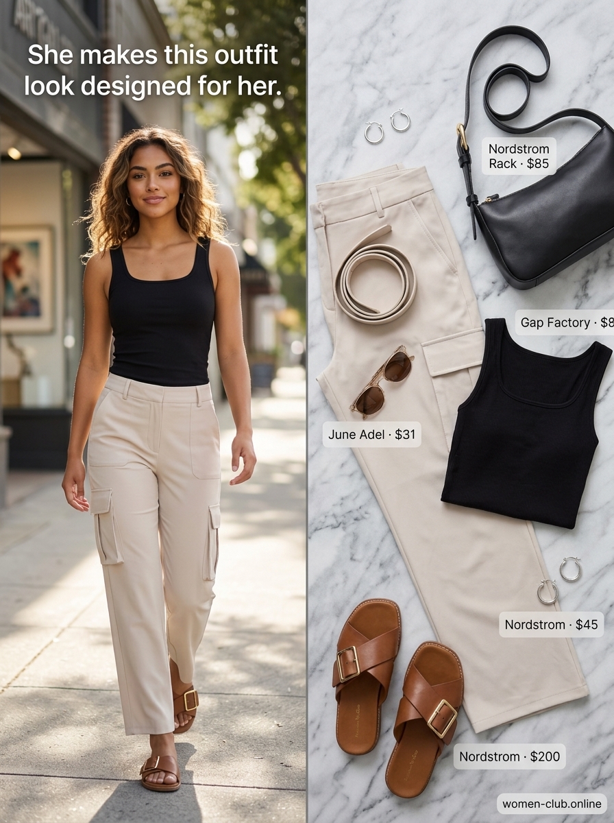 LA minimalist summer outfits for women 2026: Beige cargo pants, black tank, chunky sandals, shoulder bag, hoop earrings.