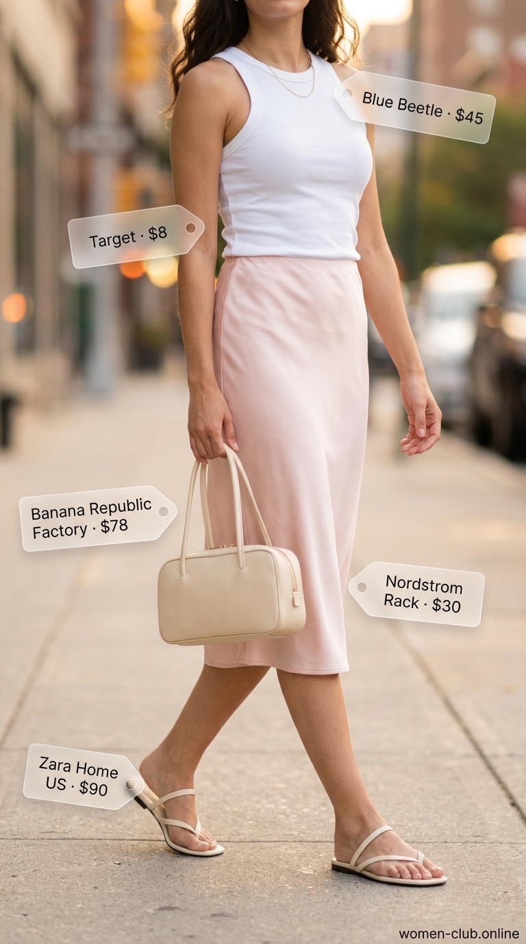 LA minimalist summer outfits for women 2026: Blush pink slip skirt, white tank, nude sandals, structured bag, gold necklace.