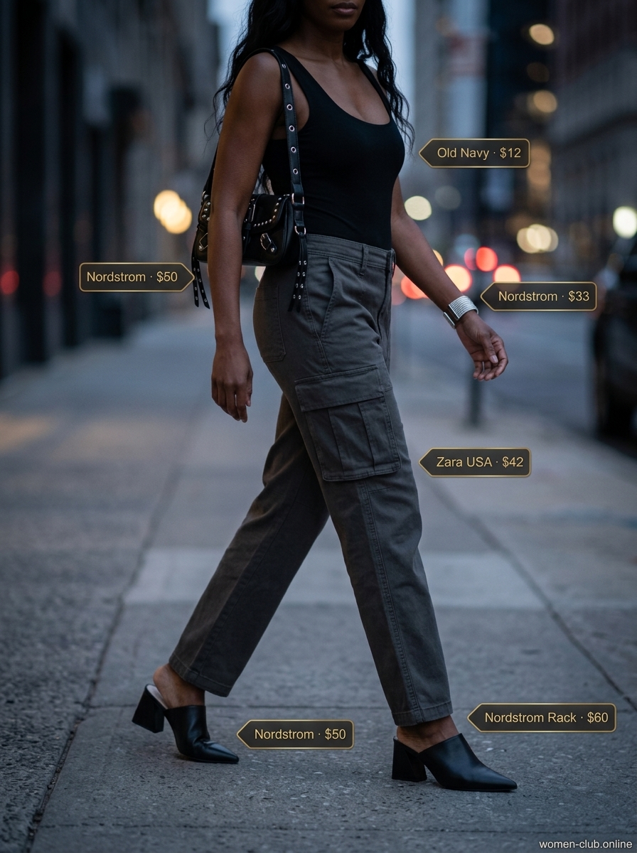 LA minimalist summer outfits for women 2026: Stone grey cargo pants, black bodysuit, black mules, shoulder bag, and silver cuff.