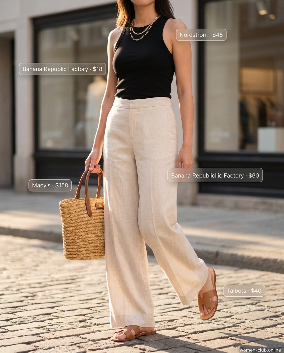 LA minimalist summer outfits for women 2026: Cream linen pants, black tank, tan slides, straw tote, and gold necklaces for brunch.