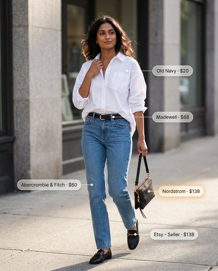 LA minimalist summer outfits for women 2026: Straight-leg jeans, oversized white shirt, black belt bag, loafers for errands.