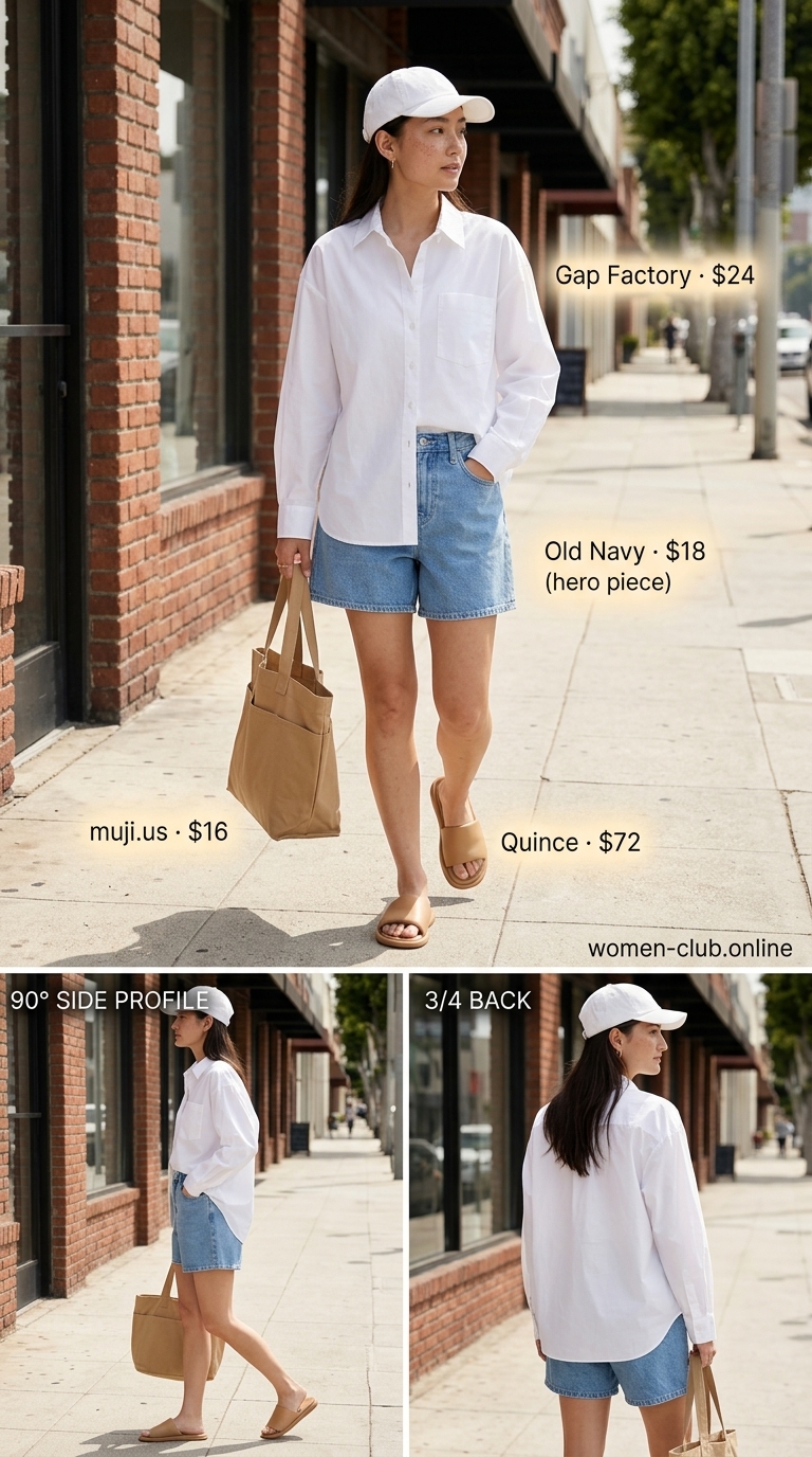 LA minimalist summer outfits for women 2026: Light wash denim shorts, oversized white shirt, baseball cap, and canvas tote.