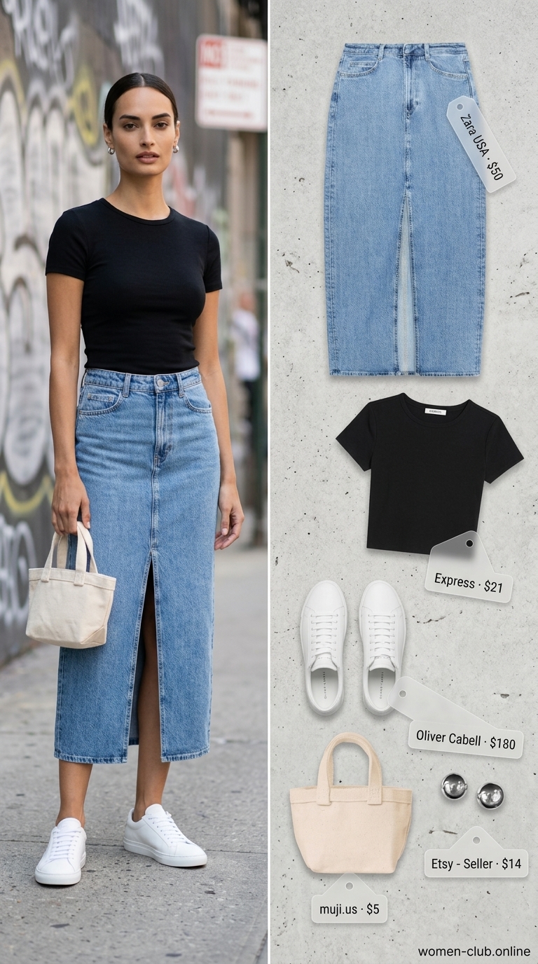 LA minimalist summer outfits for women 2026: Denim midi skirt, white tee, canvas tote, white sneakers, and silver earrings.