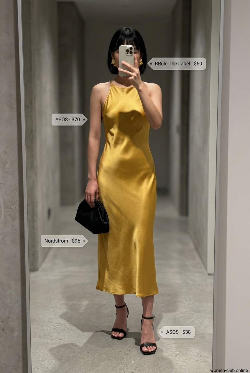 LA minimalist summer outfits for women 2026: Golden Yellow slip dress, black sandals, gold earrings, and clutch for an evening out.