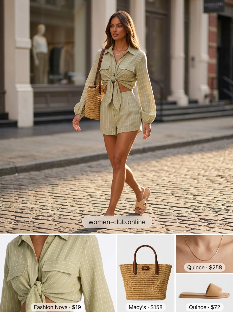 LA minimalist summer outfits for women 2026: Sage green linen set, tan slides, straw tote, and gold necklace for beach town style.