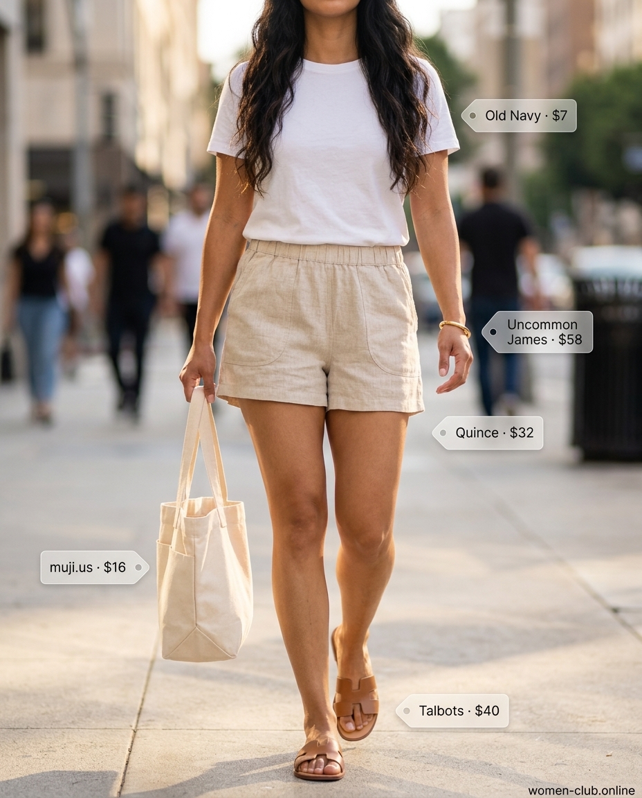 LA minimalist summer outfits for women 2026: Beige linen shorts, white tee, gold bangle, tan slides, and canvas tote for casual errands.