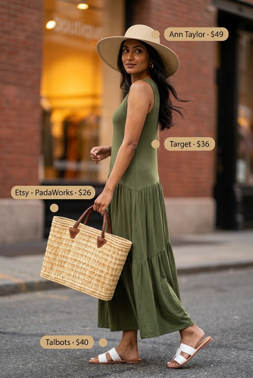 LA minimalist summer outfits for women 2026: Olive green maxi dress, white leather slides, straw tote, and straw hat.