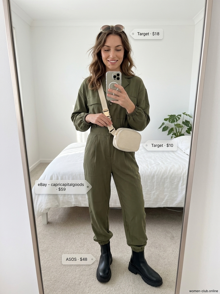 LA minimalist summer outfits for women 2026: Olive green utility jumpsuit, canvas belt bag, sunglasses, and black boots.