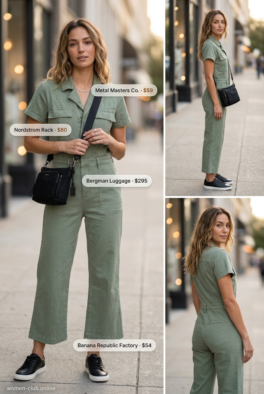 LA minimalist summer outfits for women 2026: Olive green utility jumpsuit, black sneakers, crossbody bag, and silver necklace.