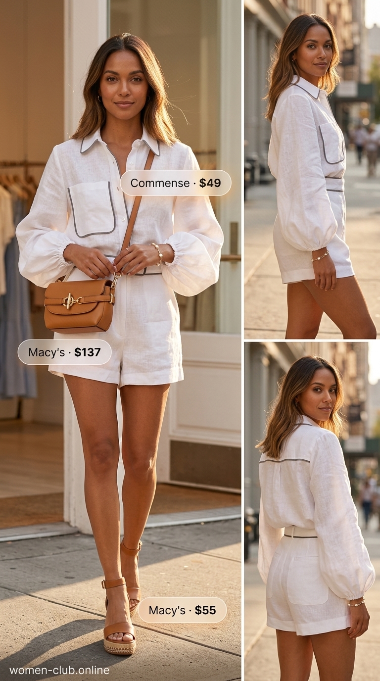 LA minimalist summer outfits for women 2026: White linen set, tan crossbody bag, espadrille wedges, and gold bracelet for resort wear.