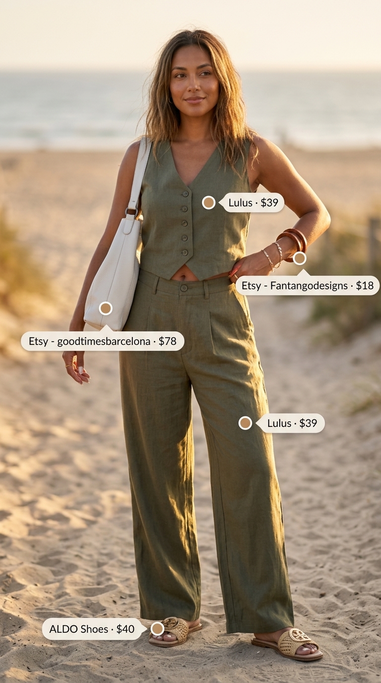 Coastal Boho Linen Set 2026 Cream linen set with olive green pants & shirt, raffia slides. Layered boho summer outfits for women 2026.